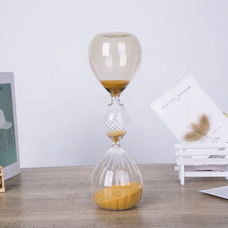 

Handblown colored sand transparent three layers tall hourglass, Clear glass+yellow sand