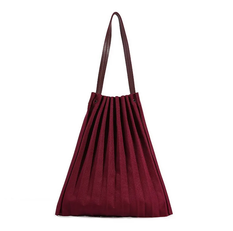 

New Fashion Foldable Tote Bag Large Capacity Shoulder Bag Simple Pleated Bag, Red, wine, blue, black, beige