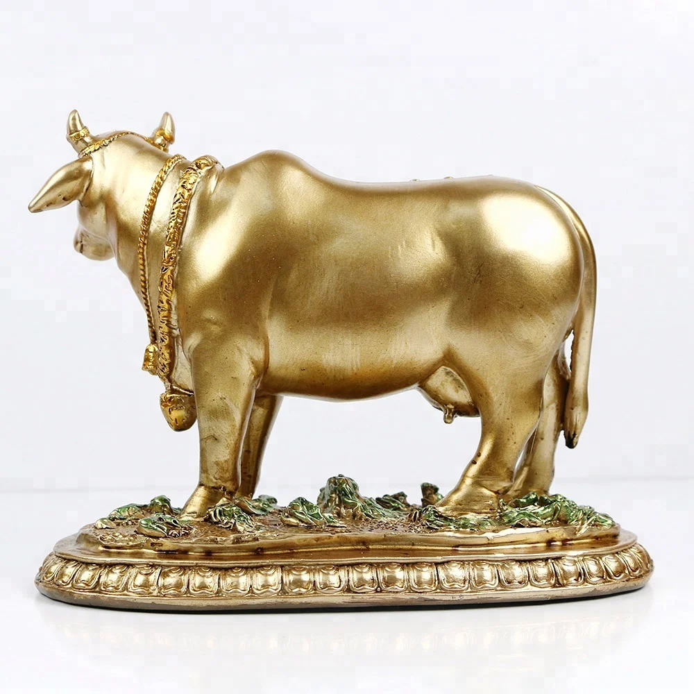 Hindu God Nandi Cow Statues 6.5"height Polyresin Colored Antique Gold