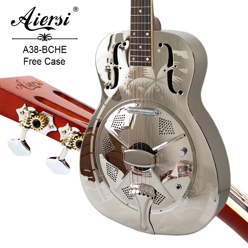 

Aiersi brand Gloss Hawaii Tree Pattern O Style Bell Brass Electrical Resonator Guitar, Gloss chrome-plated