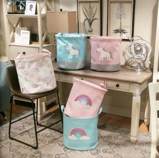 Good selling New pattern Home folding  Unicorn rainbow canvas storage bucket children's toy storage basket hamper