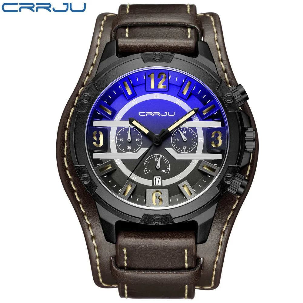

CRRJU 2142 Men Quartz Wristwatch Multifunction Sport Casual Watch Leather Military Waterproof Clocks