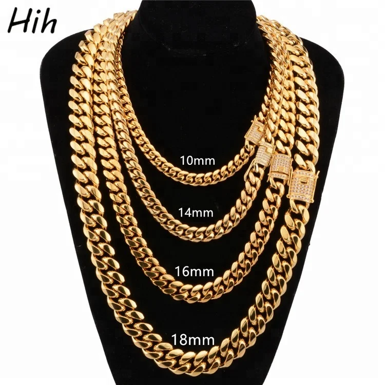 

Hip Hop stainless steel men's jewelry Zircon Clasp 18k gold plated Miami Cuban Link chain Necklace