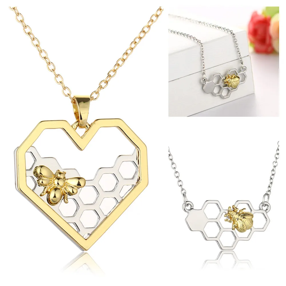 

18K Gold Plated Bee Heart Pendant Necklace Real Gold Chain Honeycomb Necklace