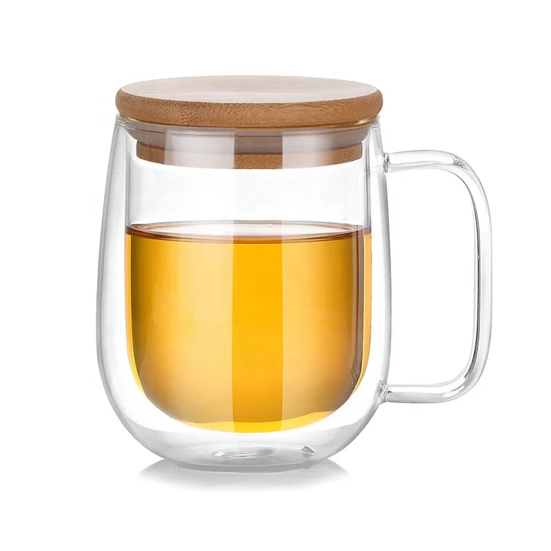 

Insulated Double Wall Borosilicate Glass Coffee Beer Cup Mug With Bamboo Wooden Lid, Transparent