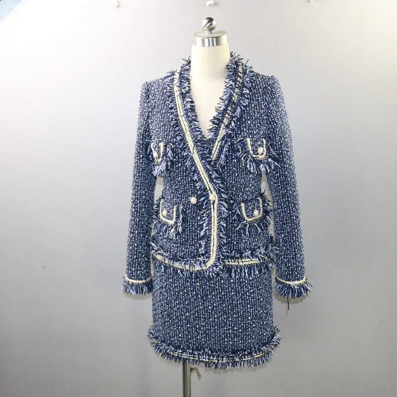 

Women winter elegant beaded blue tweed tassel fringes Blazer jacket coat mini tweed skirt vintage Suits business formal set