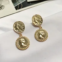 

New Arrival Fashion Jewellery 24K Gold Plated Queen Head Avatar Elizabeth Dangle Earrings Arete Double Coin Drop Earrings