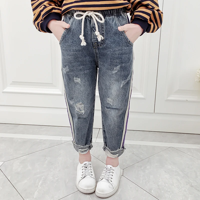 
High Quality Girls Spring Long Pants Denim Pants Kids Popular Loose Casual Stripes Jeans 
