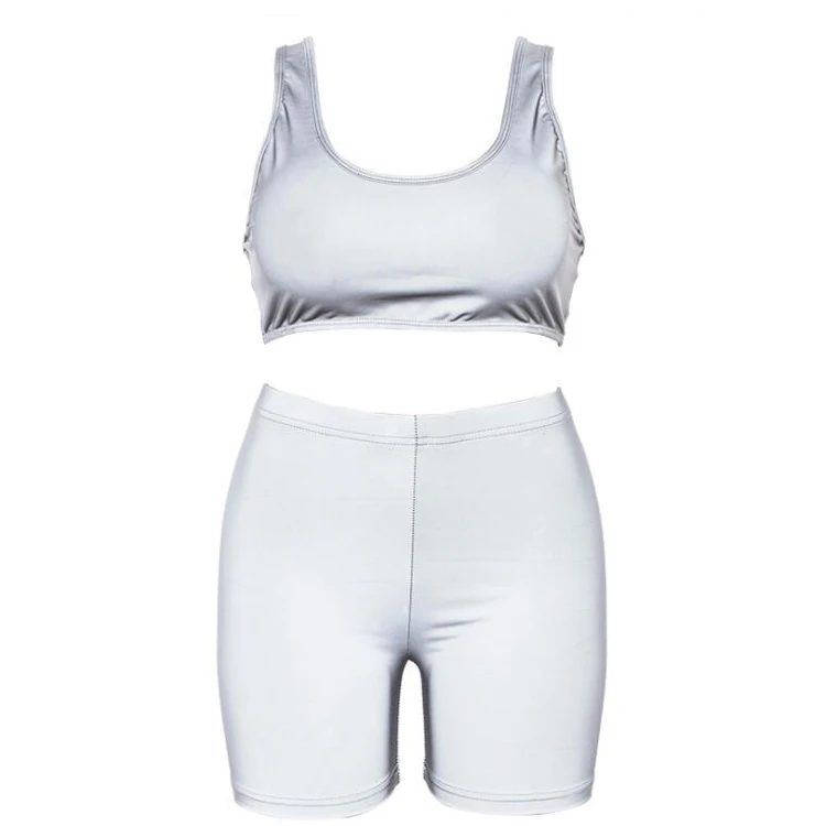 

Hot Sale Women Blank Reflective Crop Top Shorts Set, Gray