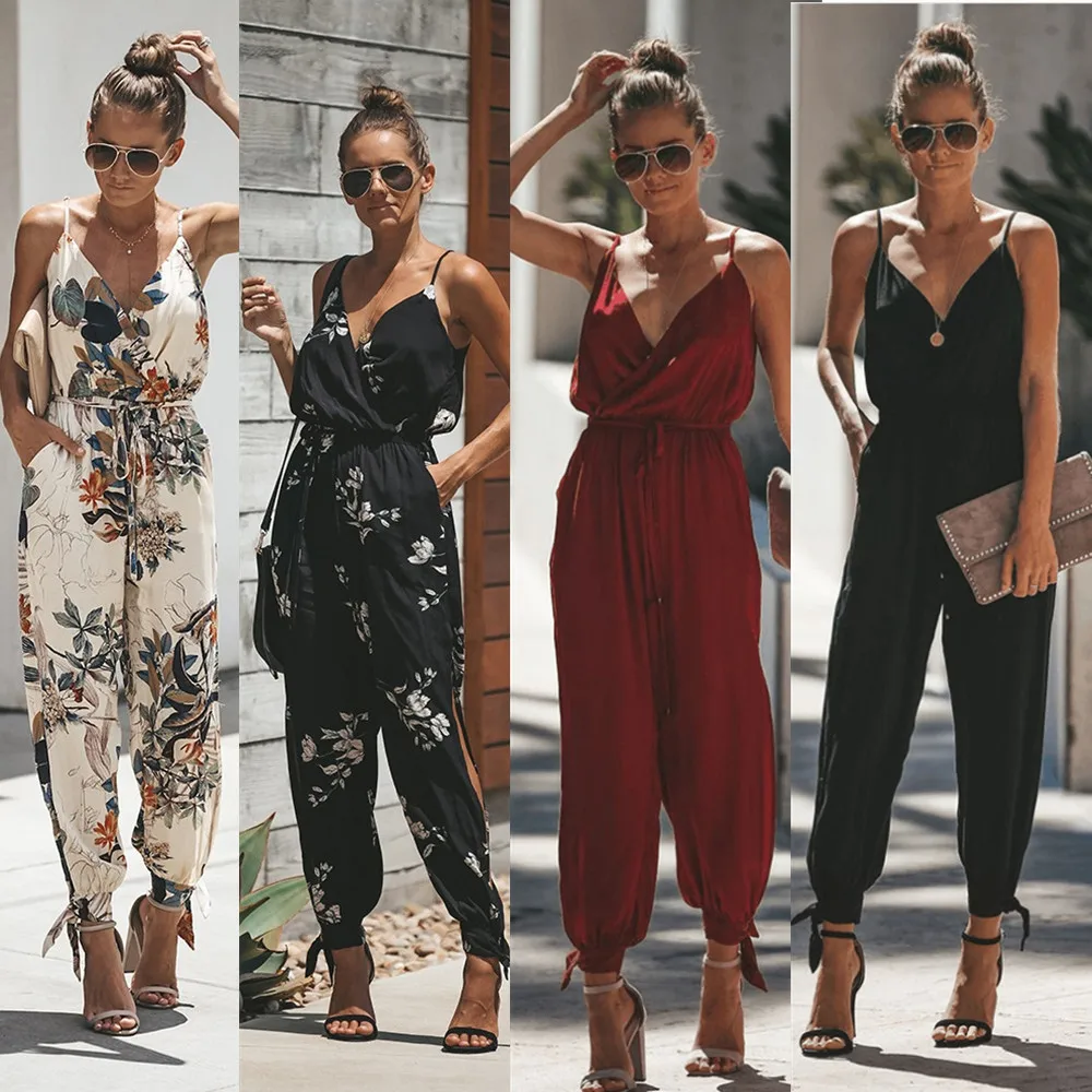 

Hot Sale Print Casual Clothes Floral Loose Fit Women Plus Size Jumpsuits, 4 options