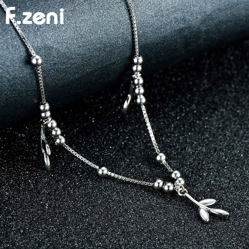

925 Sterling New Design 18k White Gold Plated Anklet Feet Chain Set Custom Fancy Jewelry Charm Women Leaf Bead Anklet, Silver