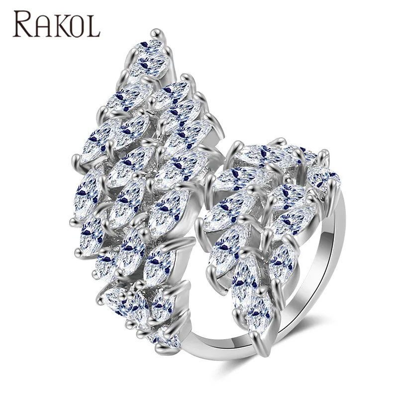

RAKOL Luxury Zircon Bridal Jewelry Cut CZ Wing Shape Adjustable Open Ring R2009, As picture