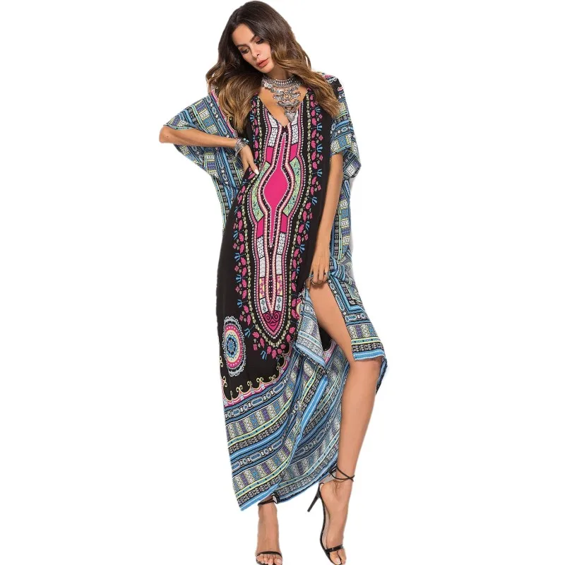 

YSMARKET 7 Color Elegant African Ethnic Dress Women Print Clothing Summer Maxi Dresses Long Casual V Neck Fashion Vestidos, Can be customized