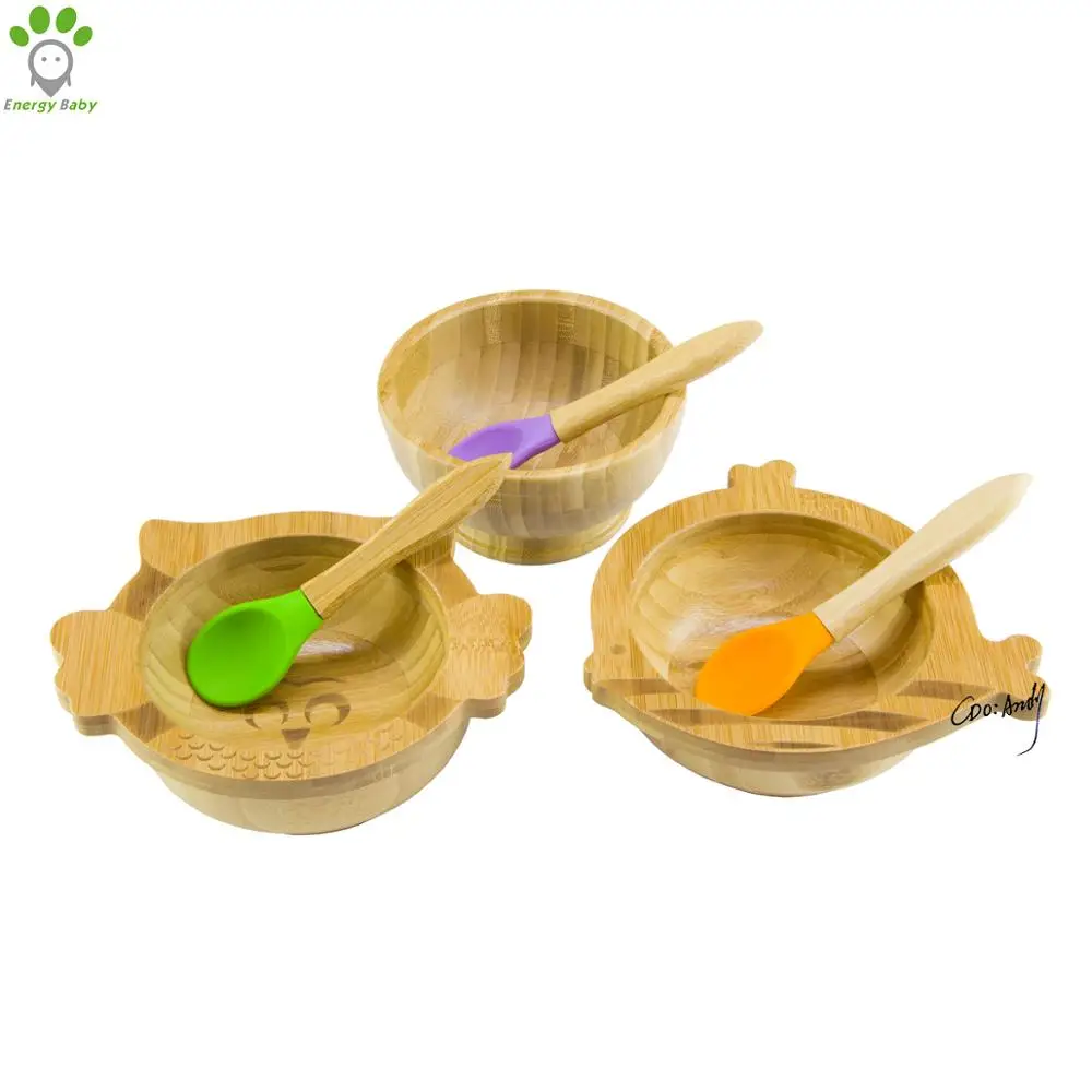 

No Spill Bamboo Rice Serving Bowl Manufacturer Kid Toddler Baby Suction Bowl with Spoon