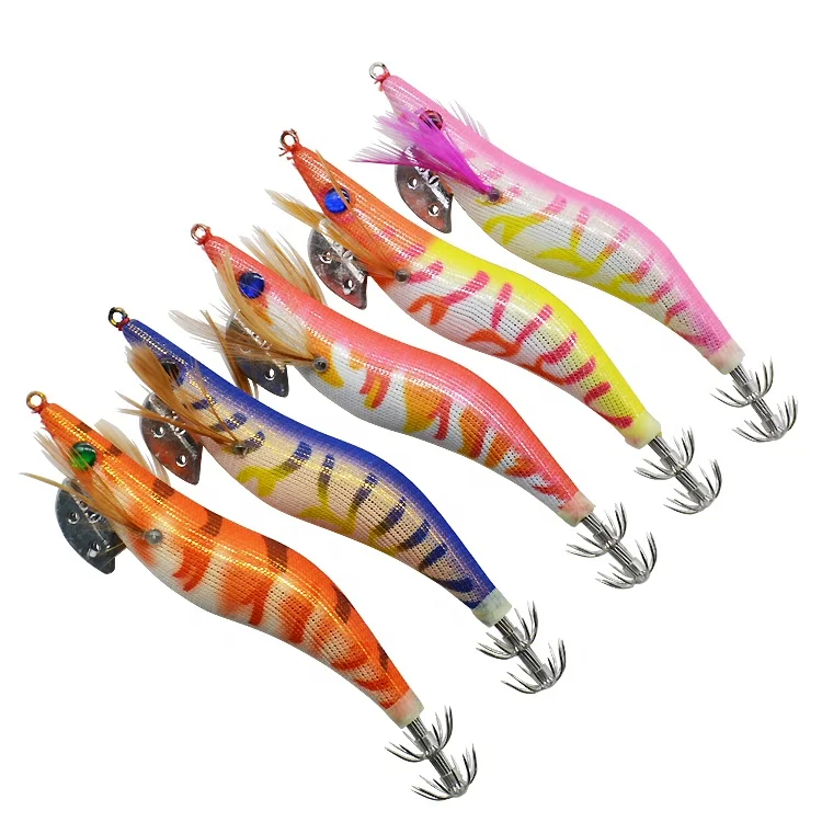 

New Product 3# 3.5# Plastic Saltwater Fishing Lures Hard Squid Jigs Wood Shrimp, 5 colors