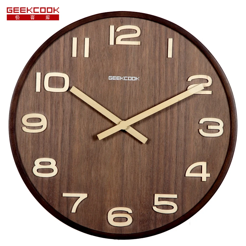 

14 inch fashion Retro wooden farmhouse Mute sweep antique modern digital wood watch wall clock wooden home decoration reloj pare, Log color;walnut color