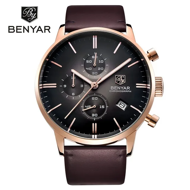 

Luxury Brand Benyar mens simple chronograph leather watch gold watch gift watch