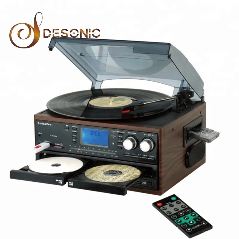 

All in one multiple record player turntable with double cd cassette USB and radio, Black/cherry/ mahogany / walnut or