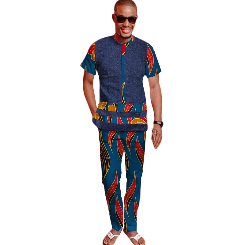 

Bazin Riche African Wax Print Cowboy Top Men Suits Pants Sets Ankara Clothes 2 Pieces Pants Sets Mens African Clothing WYN399, Colors