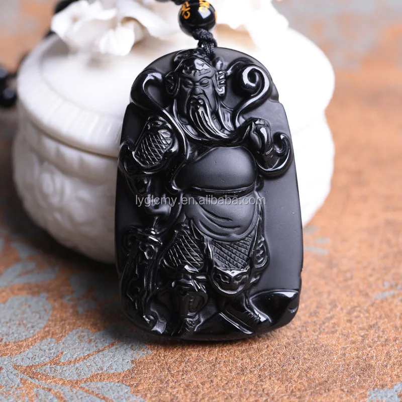 

wholesale Natural frosted obsidian duke guan necklace pendant with necklace, Black