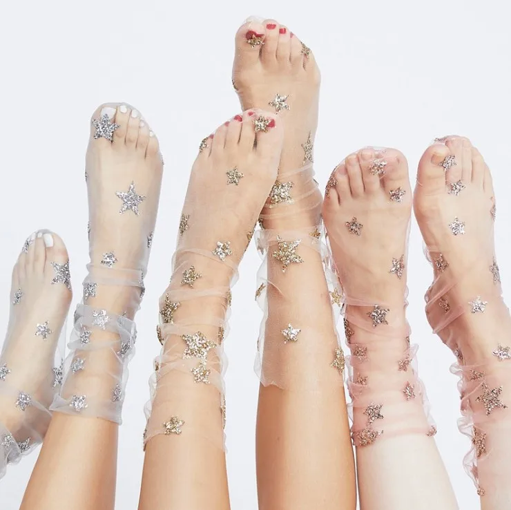 

Fashion Glitter Star Soft Mesh Sock Transparent Elastic Lace Sheer socks, Image