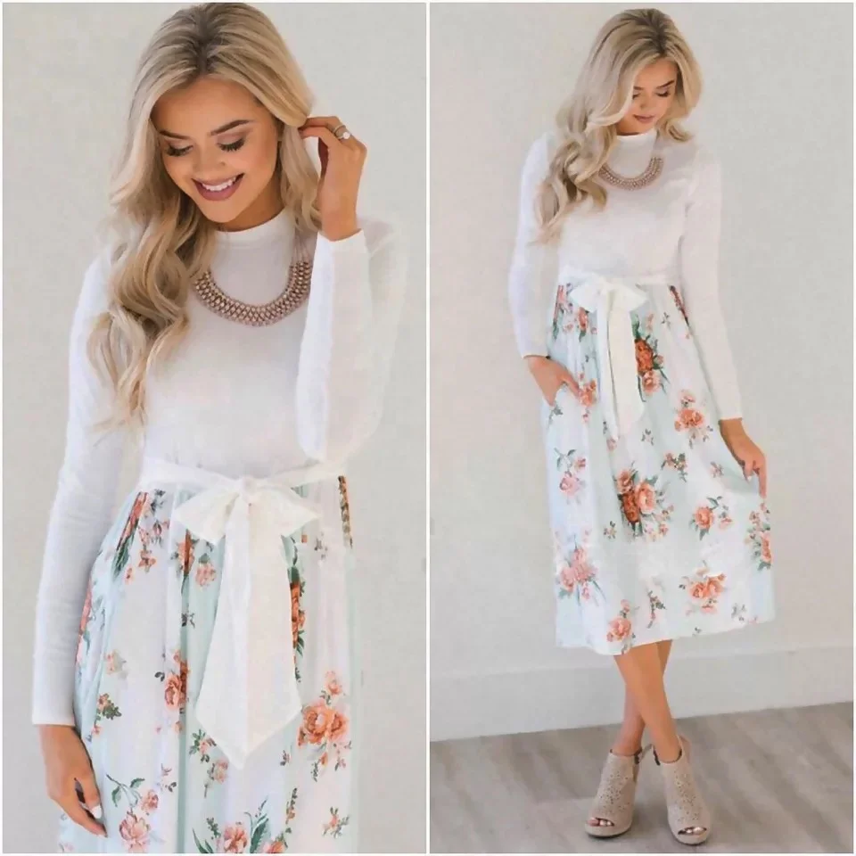 

E3 Printed Autumn Women's Dress 2018 Casual Sexy Pocket Tie Long Sleeve Loose Round Neck Dress Women's Stripe Midi Dresses, N/a