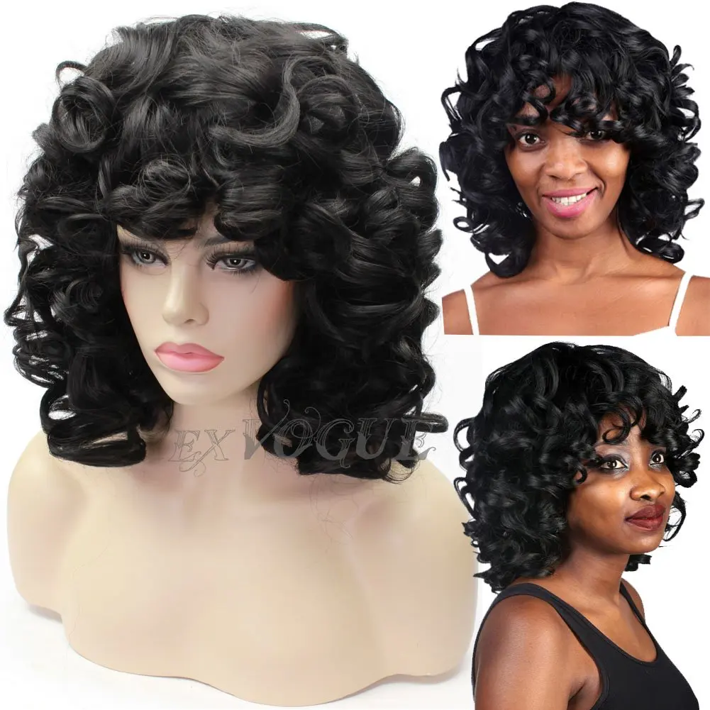 EXVOGUE Kinky Short Curly Wigs Synthetic Fiber Fluffy Hair Black Spiral Curl Wig with Bangs Capless African American Wigs for Women