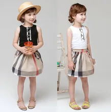 England grid girls summer vest + skirt suit brand style 2016 Girls Short Set Children Clothes Set