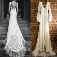

Exquisite Lace Wedding Dress V Shape Lace Neckline Wedding Gown Ivory A-line Bridal Gown Backless Chiffon Wedding Dress