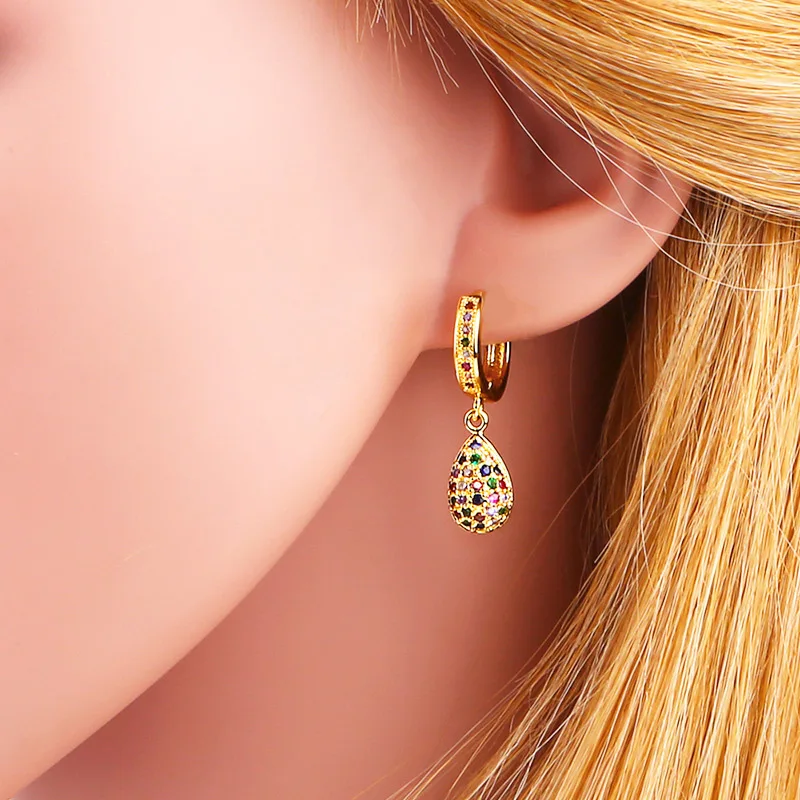 Small Size Water Drop CZ Earrings Micro Pave Rainbow Gemstone Zircon Stud Earrings for Women