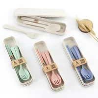 

Kitchen Accessories Wheat Straw Spoon Chopsticks Dinnerware Travel Cutlery Set With Case