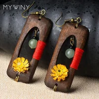 

New Original handmade square shape wood with yellow crystal flowers vintage ethnic earrings