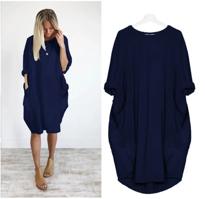 Womens Fashion Full Sleeve Pocket Loose Dress Ladies Crew Neck Casual Long Tops Dress Plus Size