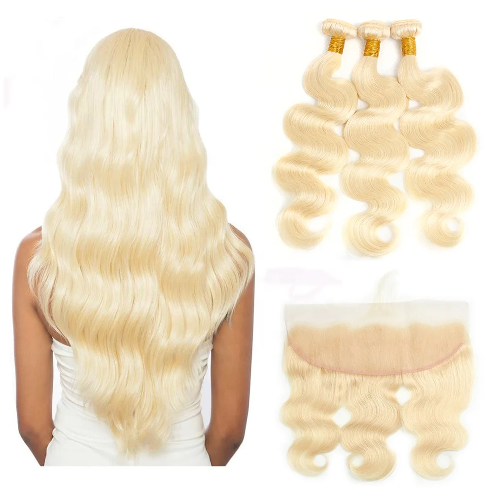 

613 Bundles With Frontal Brazilian Blonde Body Wave With Frontal Remy Honey Blonde Human Hair Lace Closure Frontal With Bundle