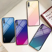 

For Samsung Galaxy A7 2018 Gradient Color 9H Tempered Glass Back Cover Soft TPU Bumper Shockproof Phone Case