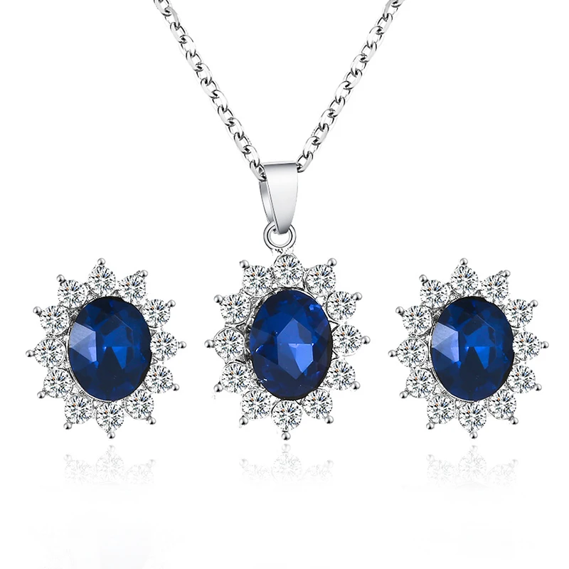 

Bridal Wedding Jewelry Sets Women Blue Crystal Zircon Engagement Sunflower Earrings Pendant Necklace Set (KJ034), Same as the picture