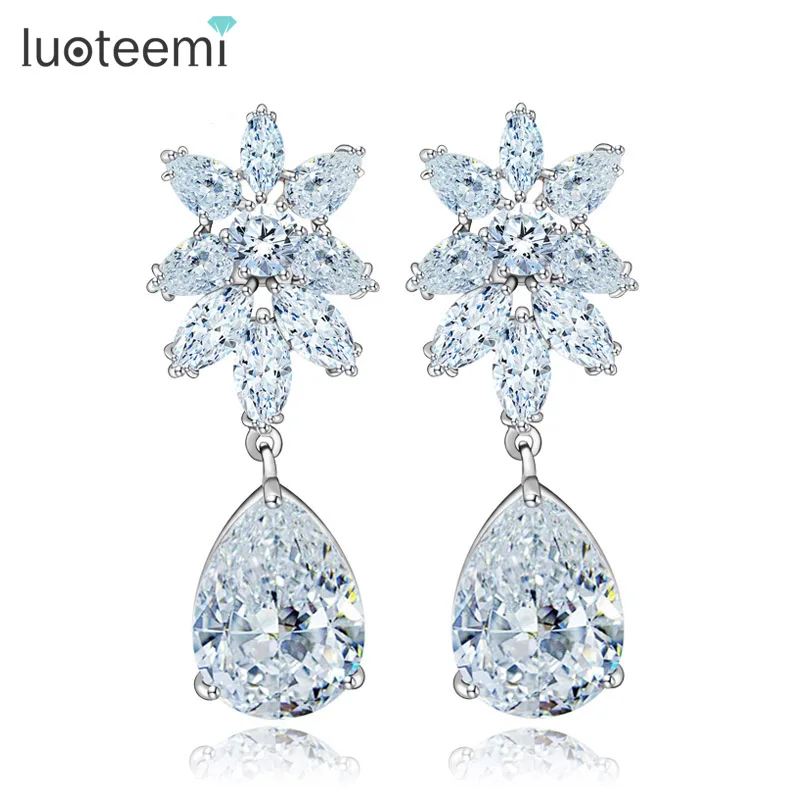 

LUOTEEMI Wholesale 2016 New Beautiful Luxury Quality Elegant Wedding Bridal Teardrop Women Clear Cubic Zirconia Drop Earrings