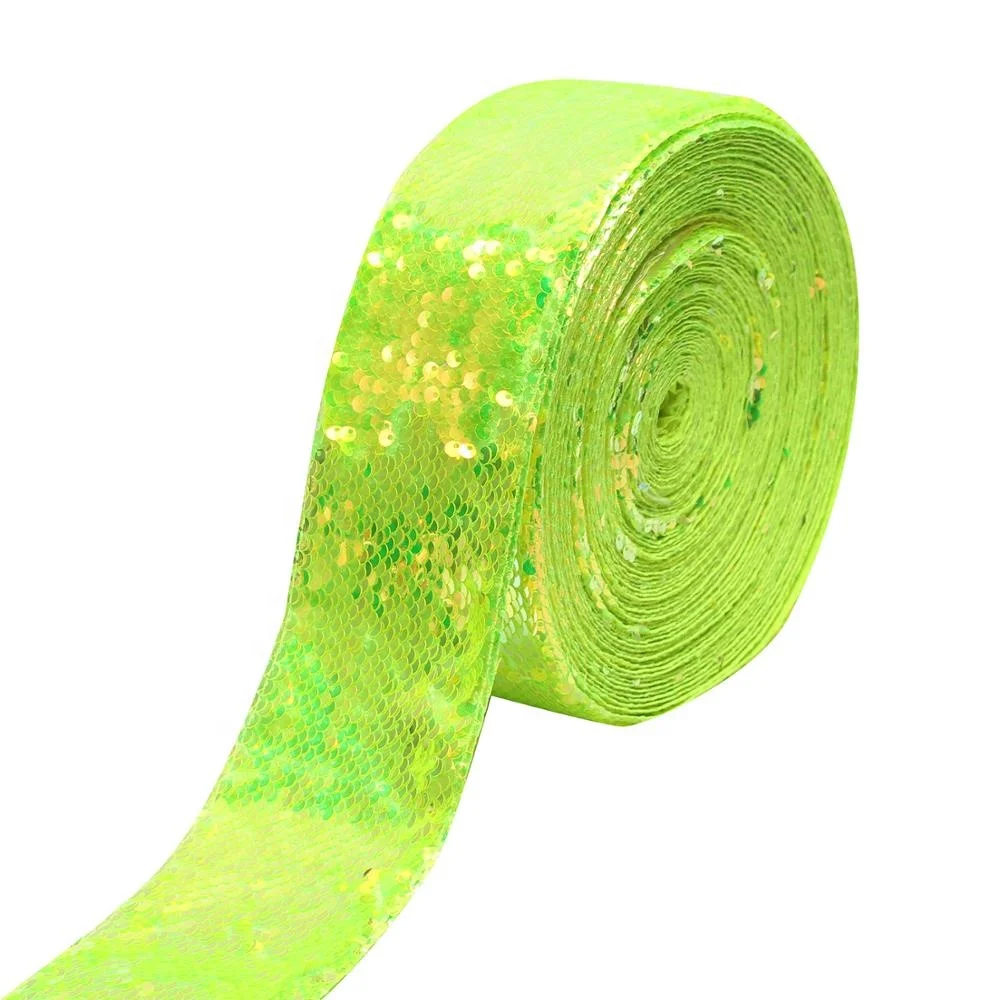 

3" 75mm Listones Popular Custom Gift Material Neon Green Reverse Sequin Ribbon