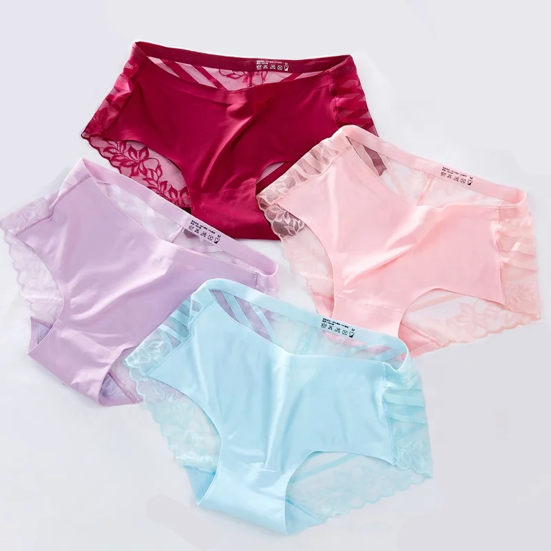 

1819 Sexy Lace Women Floral Silky Briefs Underwear Seamless Ice Silk Panties, 8 colors: white, black, nude, pink, purple, blue, shrimp, red