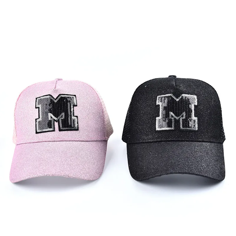 Fashion Sequins Custom Logo Women Truker Mesh Caps Hats