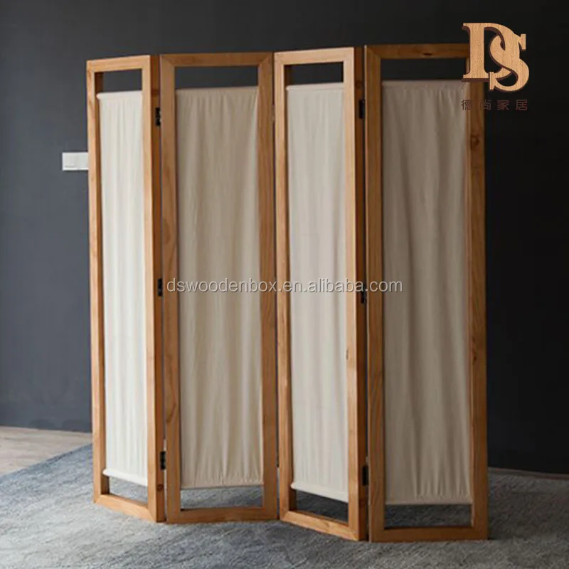 
4 Panel Folding Room Divider With Canvas Inlay Wooden Screen 