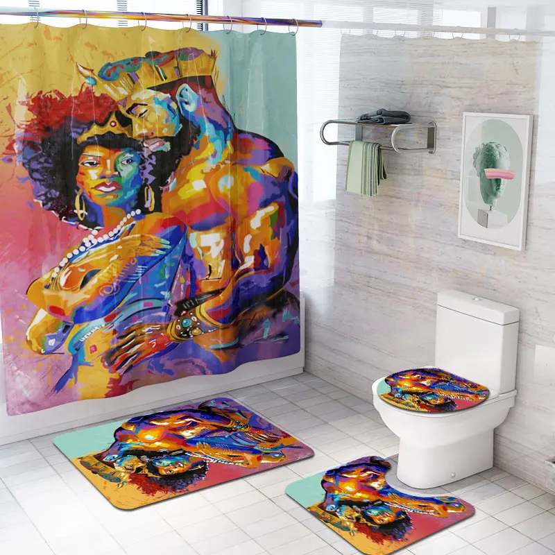 Amazon African men and women customer printed 3 pcs bathroom rug mat match with shower curtain
