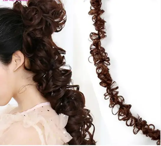 

DEKEY Synthetic Women Curly Bun Chignon Elastic Band Clip In Hair Extensions Black Brown High Temperature Fiber Hairpiece, As picture