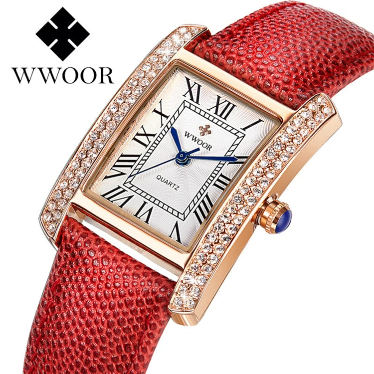 

WWOOR 8806 Brand Women Genuine Leather Square reloj mujer Luxury Dress Watch Ladies Quartz Rose Gold Wrist Watch