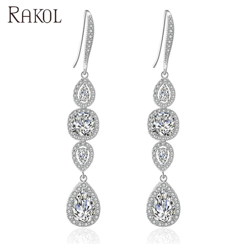 

RAKOL White Gold Plated Zircon Crystal Long Hook Earrings For Party E2213