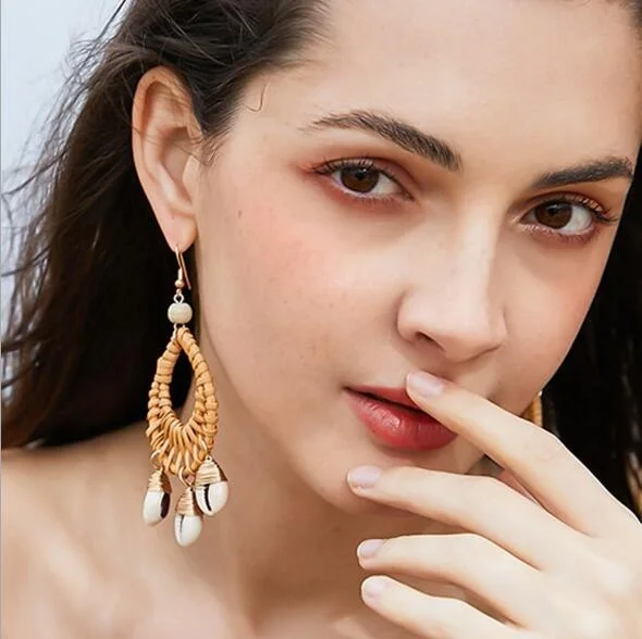 

Multi Styles Amazon Hot Sale Bohemian Woven Ratan Dangle Sea Shell Earrings for Women, Picture show