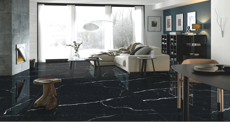 Polished Living Room Glazed Ceramic Floor Tiles 600 600 Black
