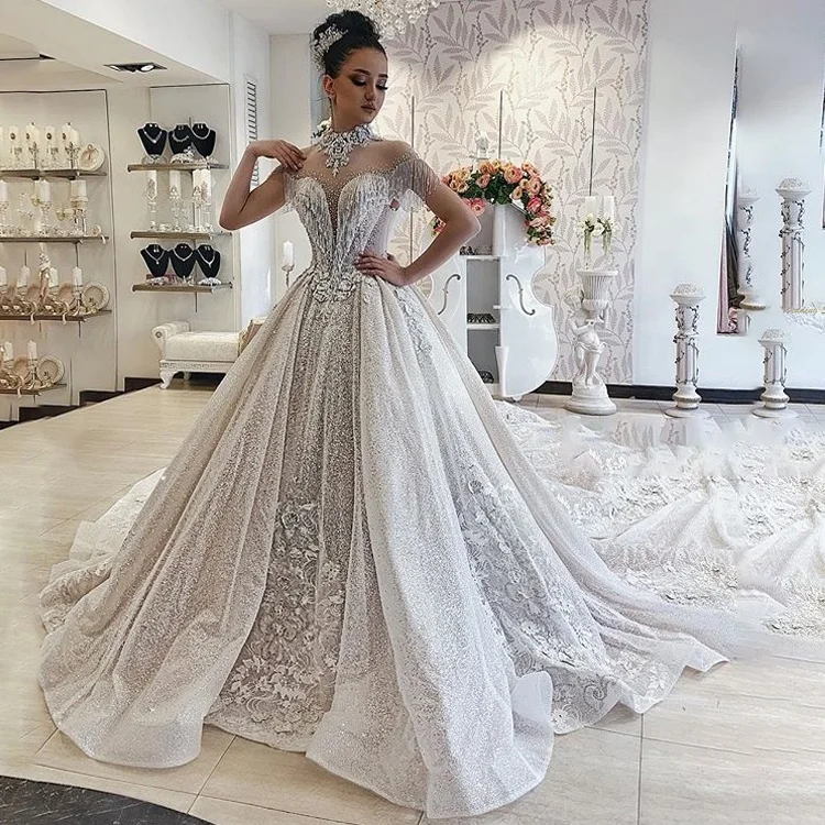

Bling Arabic Dubai Lace Wedding Dress 2019 Luxury Beads 3D Flowers High Neck Tassel Short Sleeve Sequin Sparke Bridal Gowns, Customized