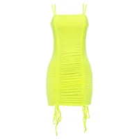 

Spaghetti Strap Pleated Sexy Bodycon Dress Women Club Wear 2020 Fashion Neon Green Dresses Bandage Mini Dress