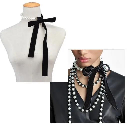 

Free Personality Exaggerate Pearl Flannelette Bow Choker Collar Necklace